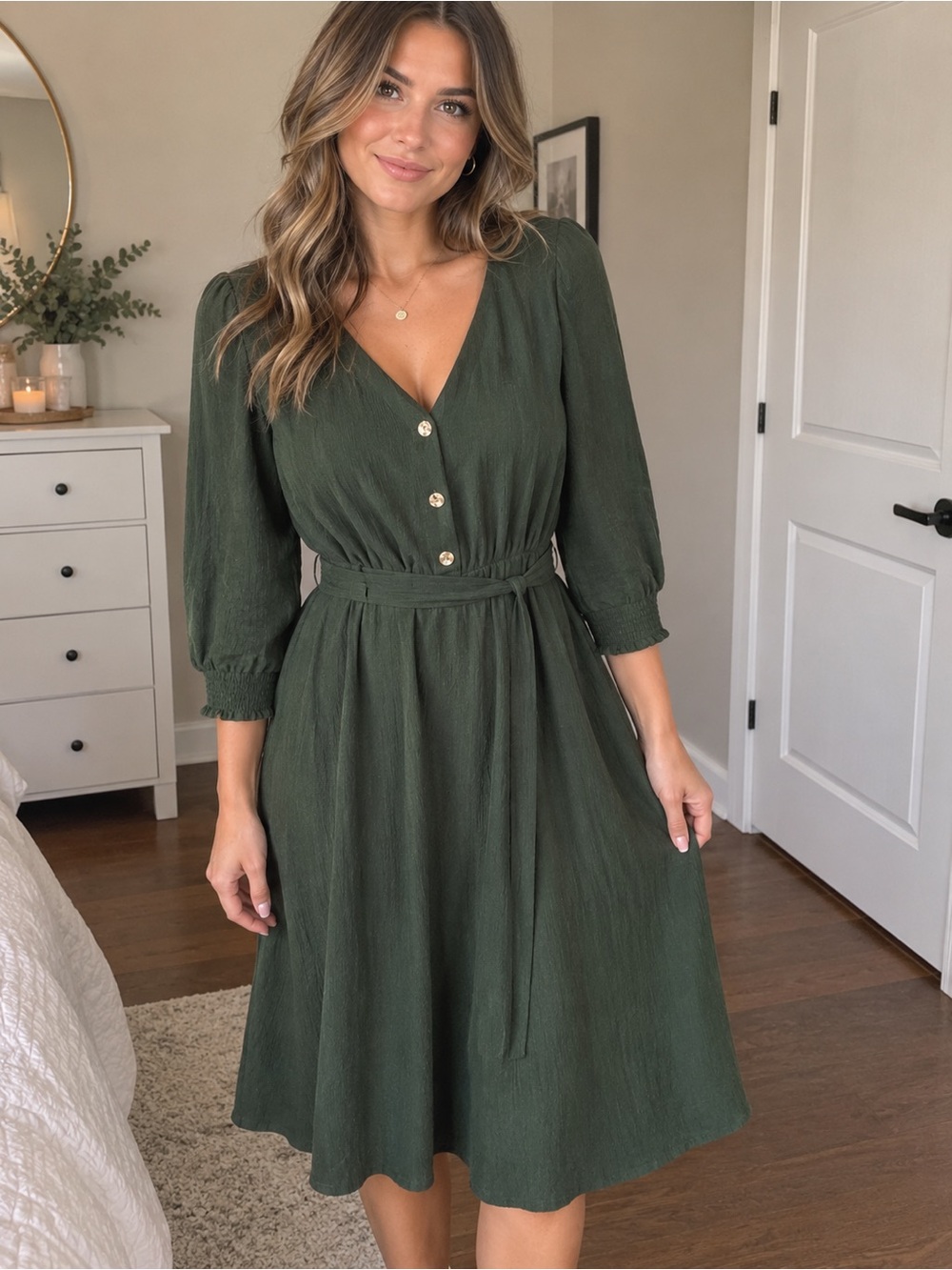Luxology Olive Green V-Neck Button Midi Dress